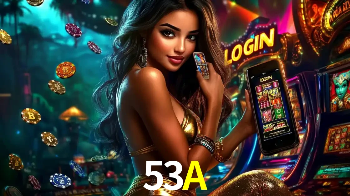 Mulher em um cenário de cassino temático de aventura, mostrando o app de caça-níqueis da 53A no celular. Fichas de apostas flutuam ao redor.