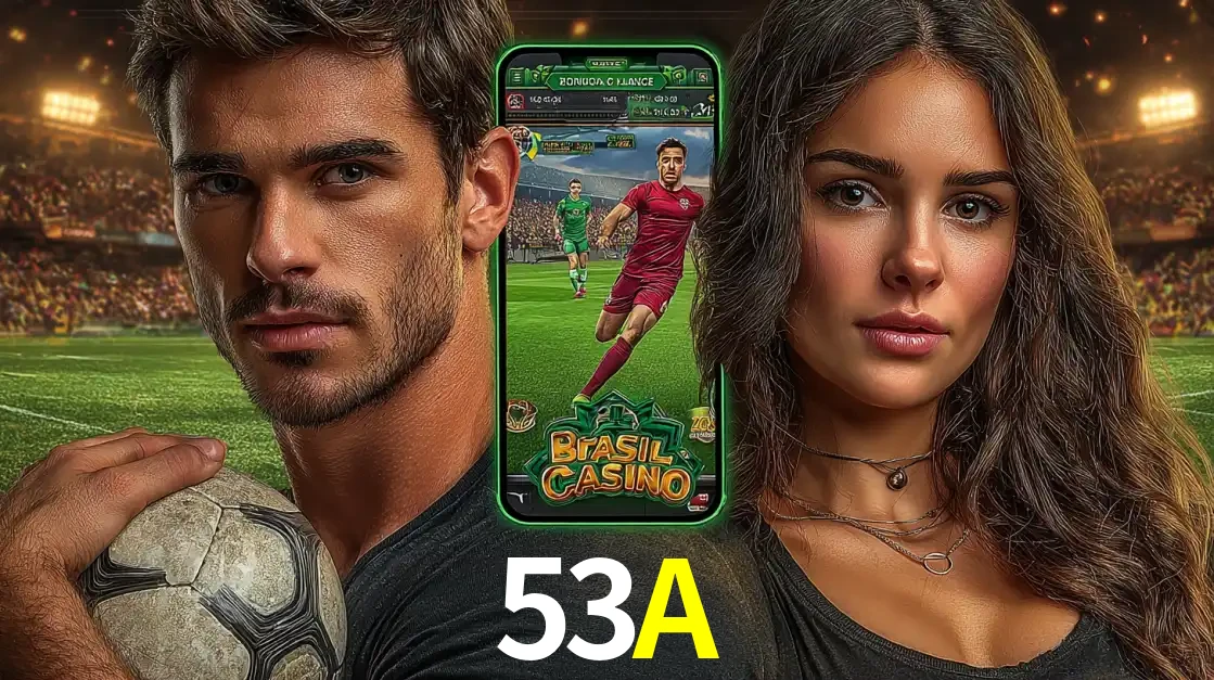 Homem segurando uma bola de futebol e uma mulher ao lado de um smartphone exibindo o jogo de apostas esportivas da 53A. Faça seu palpite no cassino online.